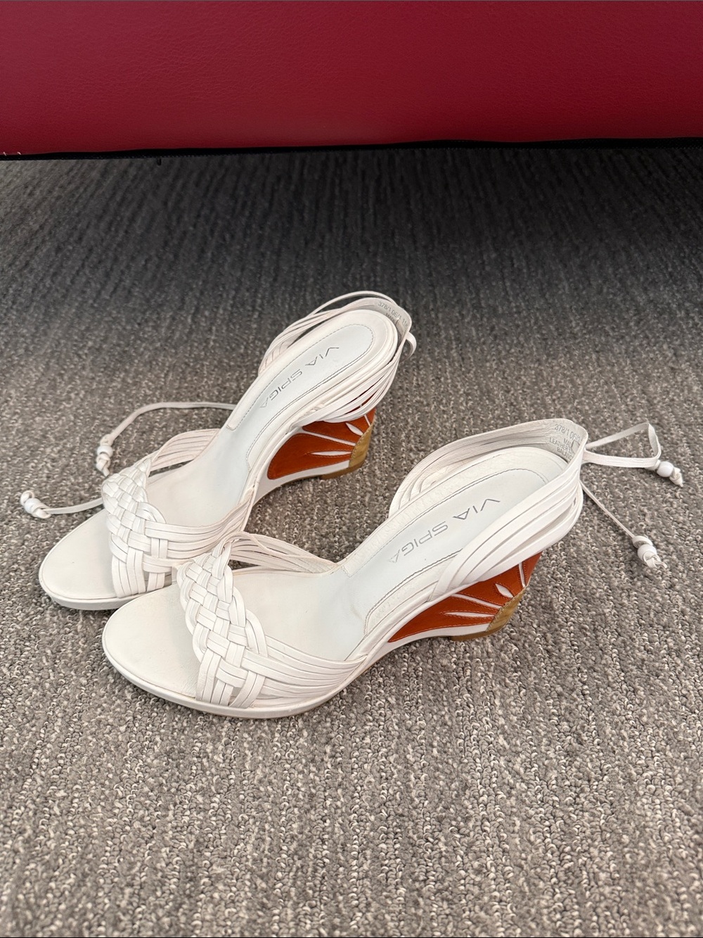 Via Spiga White Woven Leather Wedge Sandals with Orange Accents